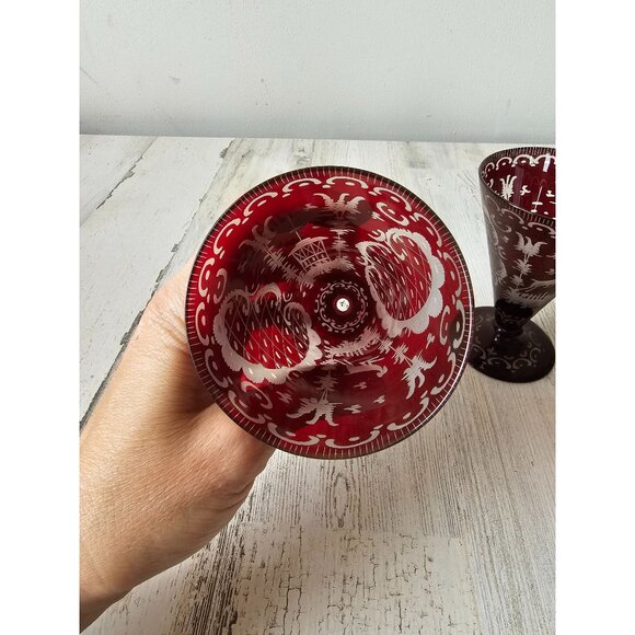 Egermann red Bohemian cut glass goblet champagne deer building cranberry vintage - Picture 5 of 6